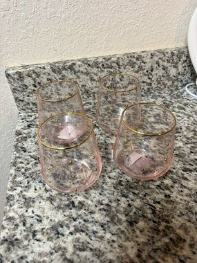 Pink Stemless Wine Glasses with Gold Dots and Rim - Set of 4